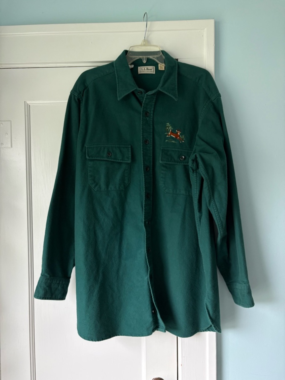 L.L.Bean Vintage 90s Chamois Flannel Shirt Hunter Green Deer Embroidery USA